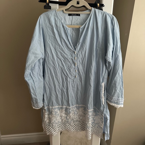 2/$10 adorable blue and white cover up with pearls and lace - Picture 1 of 5